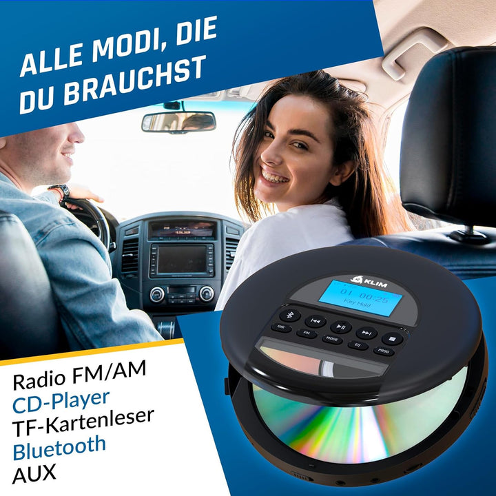KLIM Nomad CD Player Bluetooth - Tragbarer CD-Player mit langlebigem Akku - Inklusive Kopfhörer - 16