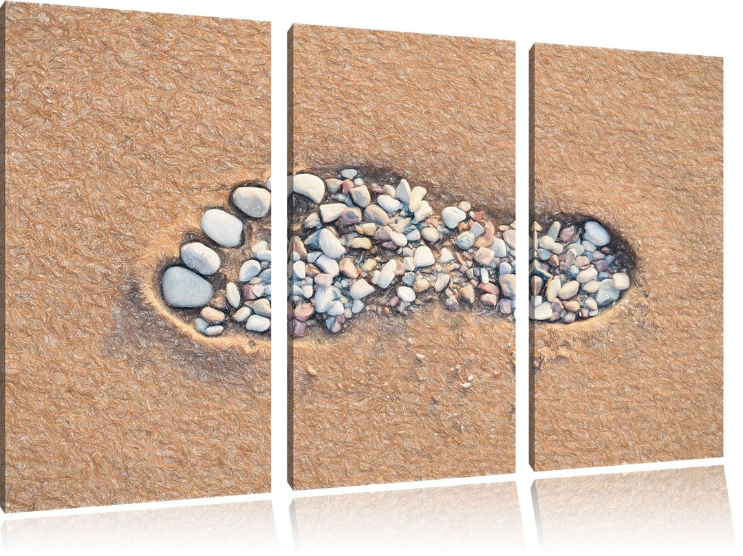 Pixxprint Fussabdruck im Sand Bunstift Effekt 3-Teiler Leinwandbild 120x80 Bild auf Leinwand