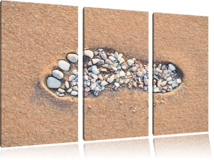 Pixxprint Fussabdruck im Sand Bunstift Effekt 3-Teiler Leinwandbild 120x80 Bild auf Leinwand