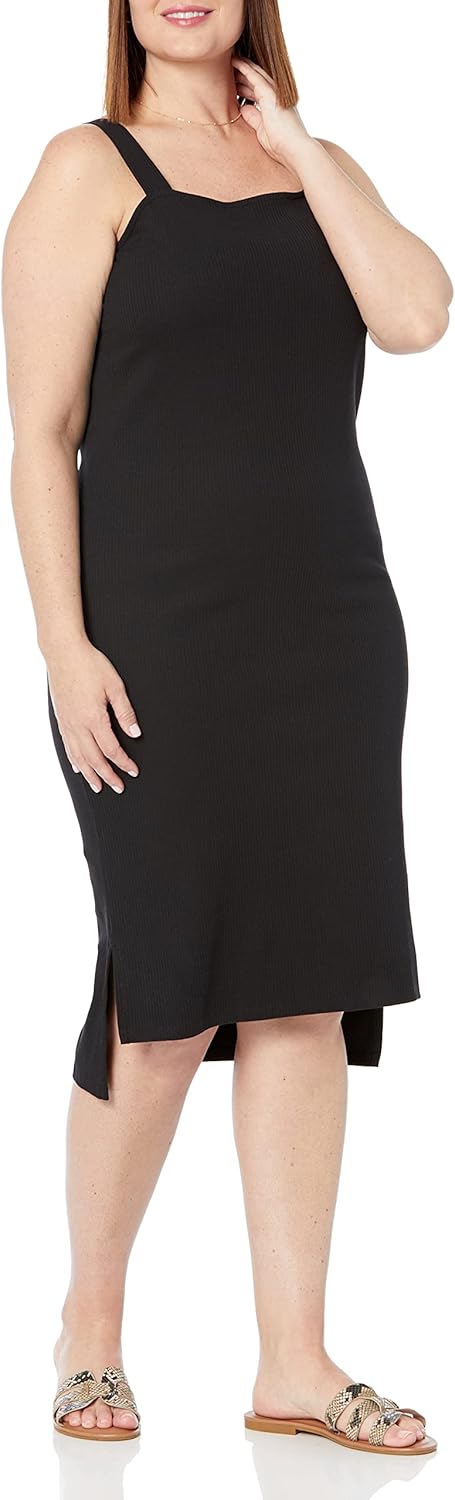 The Drop Damen Amelia Midi-Trägerkleid, enganliegend, gerader Ausschnitt XS Schwarz, XS Schwarz