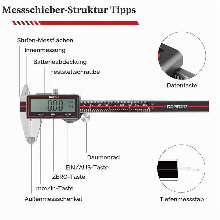 GemRed Digitaler Messschieber 150 mm, Kabelloser Edelstahl Messschieber mit Grossem LCD-Display, Sch