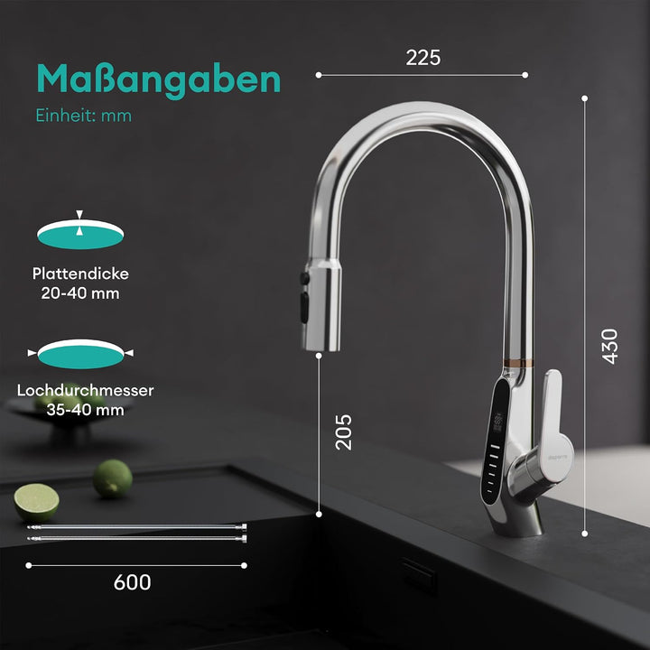 Mai &amp; Mai Wasserhahn Küche ausziehbar, Küchenarmatur mit LED-Digitalanzeig | 360° drehbar Einhebelmi