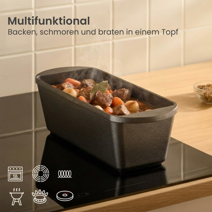 Xenia 28cm Brotbackform aus Gusseisen mit Deckel und Silikongriffen–ofenfest, mit pflanzlichem Öl–Ka