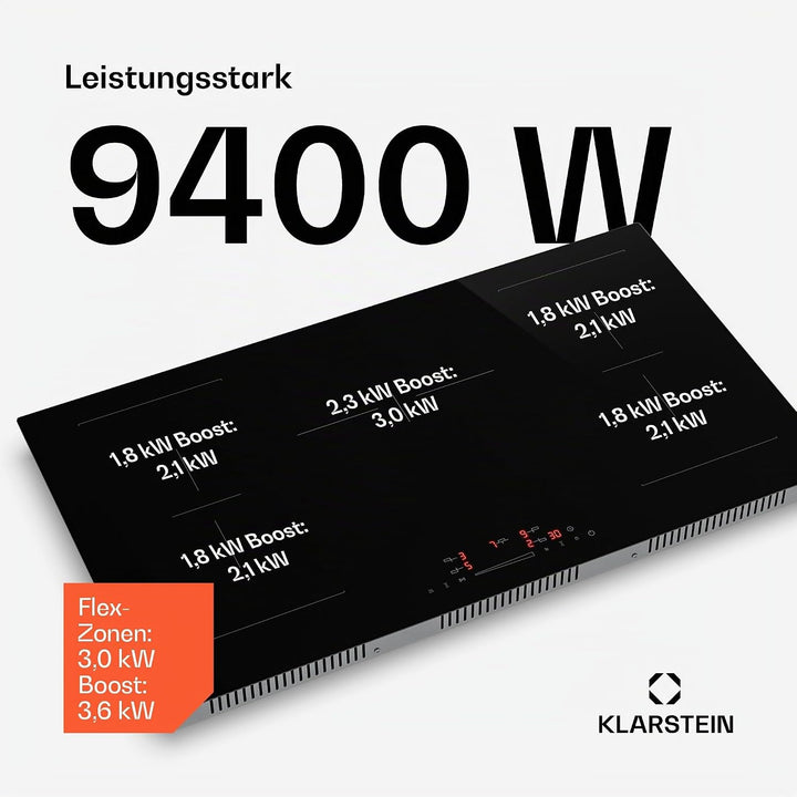 Klarstein HaloSync Induktionskochfeld mit Dunstabzug 90 cm – 5 Zonen, 11400W Boost, Touch-Slider, Fl