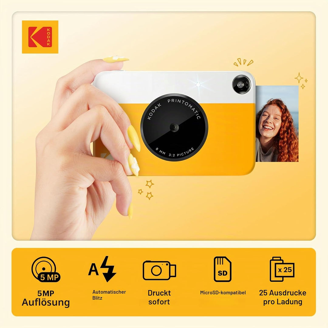 Kodak Printomatic Sofortbildkamera (Gelb) Basis-Paket + Zinkpapier (20 Blätter) Etui + Bequemer Hals