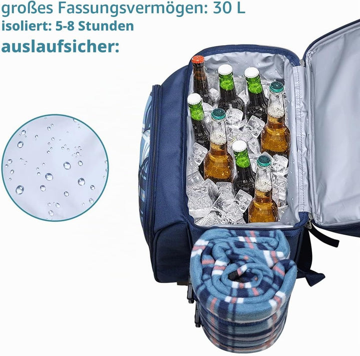 Hap Tim Picknickkorb Rucksack für 2 Personen mit isoliertem auslaufsicherem Kühlfach, Weinhalter, Fl