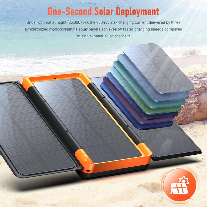 63200mAh Solar Power Bank, Wireless Powerbank mit 3 Solarpanel Faltbar, 22.5W PD Schnellladung, 5 An