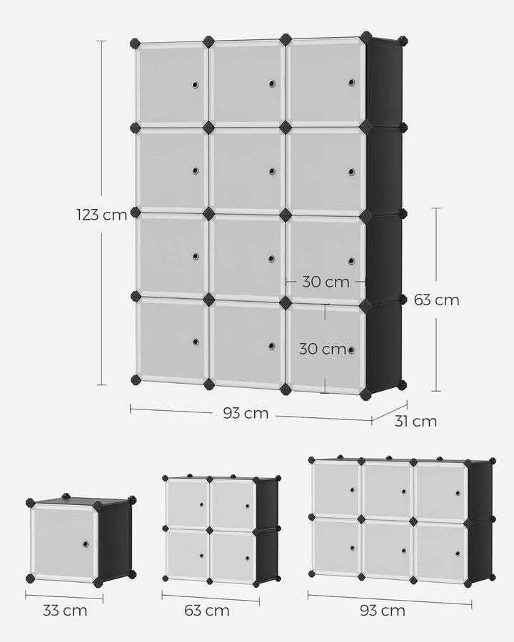 SONGMICS Regalsystem, Schuhregal, Set aus 12 Würfeln, Kleiderschrank aus Kunststoff, mit Türen, Stec