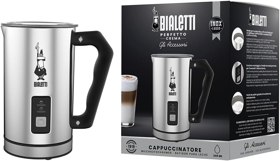 Bialetti 0004430 Montalatte Elettrico, Fassungsvermögen 240 ml, 500 W, 1 Tasse Rostfreier Stahl, Sil
