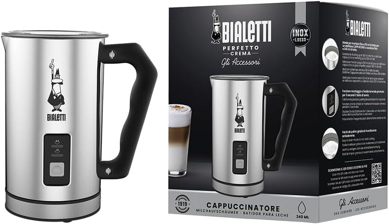 Bialetti 0004430 Montalatte Elettrico, Fassungsvermögen 240 ml, 500 W, 1 Tasse Rostfreier Stahl, Sil