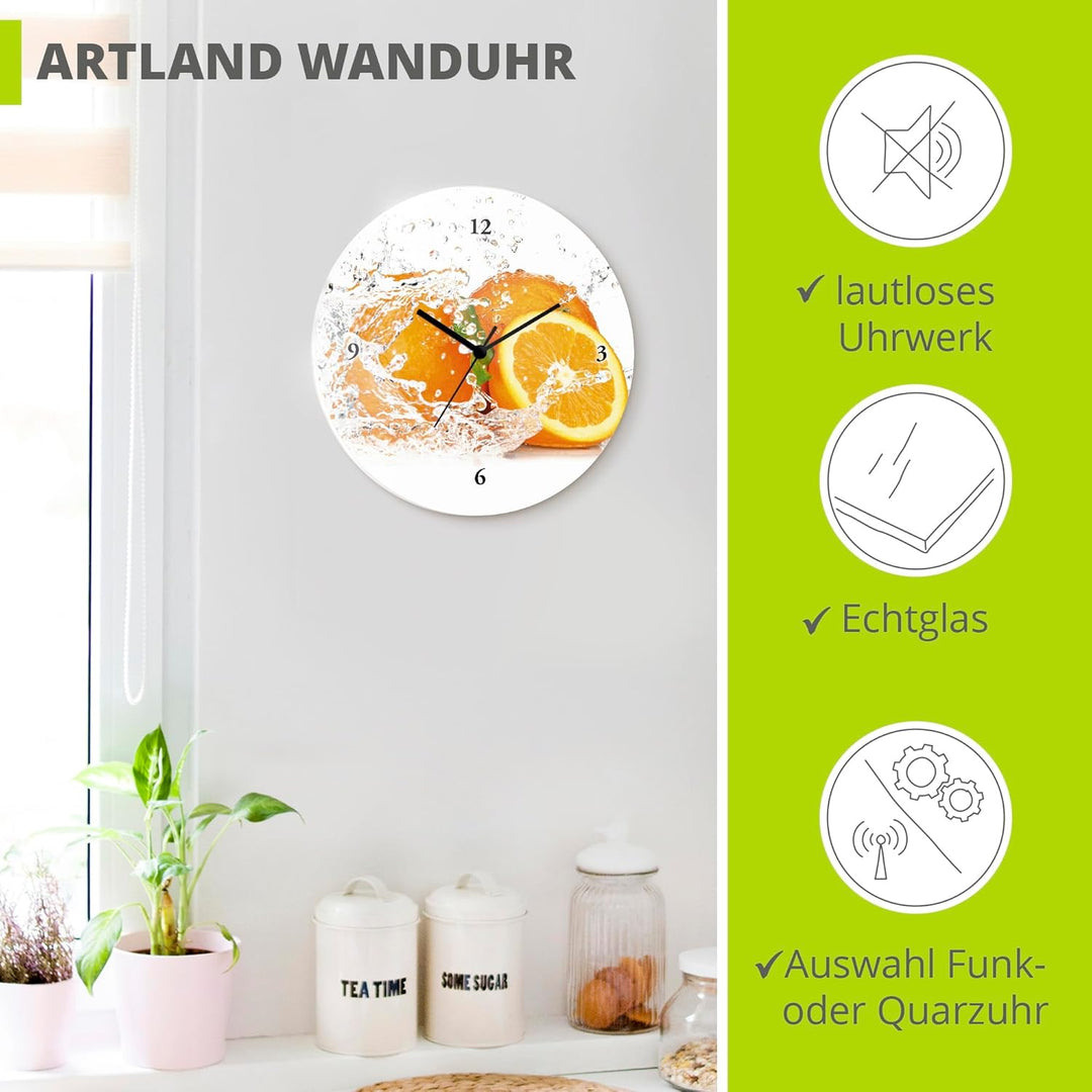 ARTLAND Wanduhr ohne Tickgeräusche Glas Quarzuhr Ø 30 cm Rund Lautlos Obst Früchte Orange im Wasser