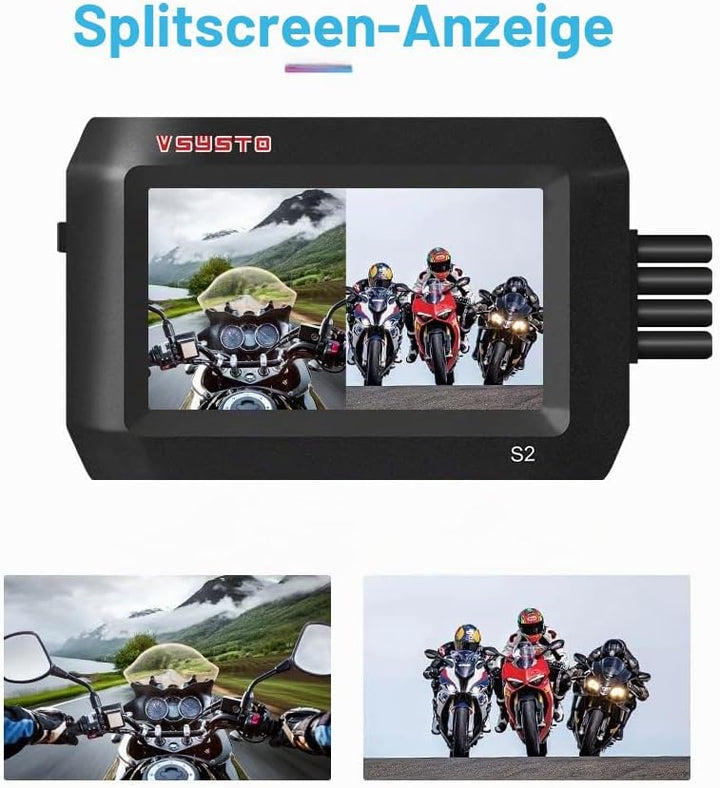 VSYSTO Motorrad-Dashcam, Duale 1080P-Front- und Rückfahrkamera 3-Zoll-IPS-Bildschirm 140 ° Weitwinke