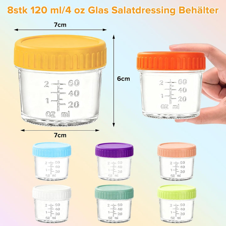 Mssushi 8 Stk 120ml Salatdressing Behälter, Glas Dressing Behälter mit Silikondeckel Auslaufsicher,