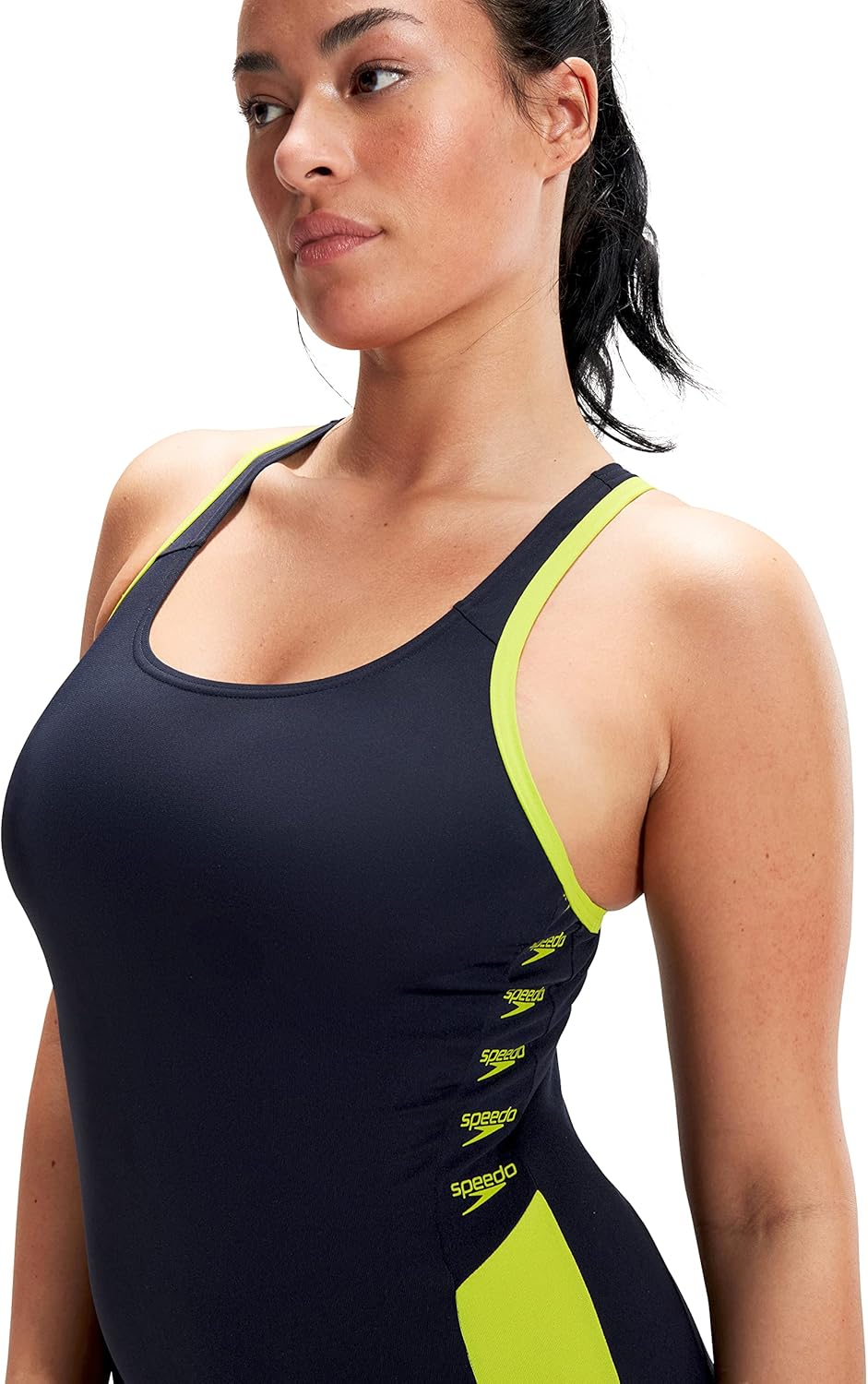 Speedo Damen Boom Logo Splice Muscleback Badeanzug 26-28 Marineblau/Grün, 26-28 Marineblau/Gr&#xFC;n