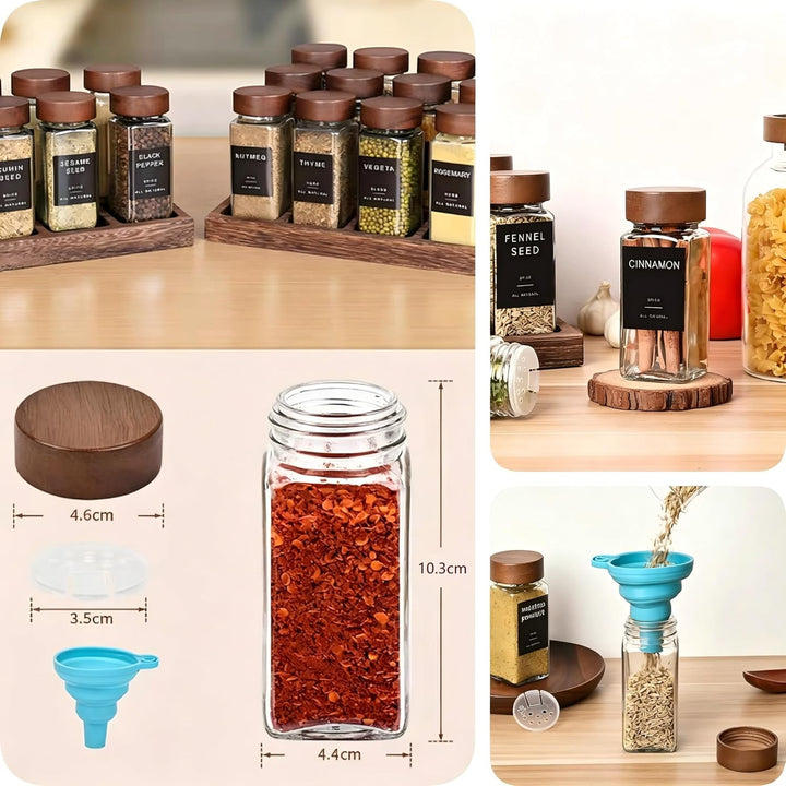 Gewürzgläser Set 12er (120ml) Eckig mit Deckel aus Akazienholz, Premium Vorratsgläser Glas mit Streu