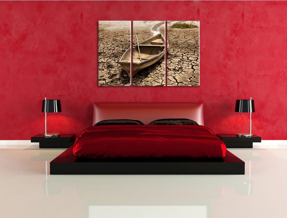 Boot in der Dürre als 3-Teiler Leinwandbild 120x80 Bild auf Leinwand, XXL riesige Bilder fertig gera