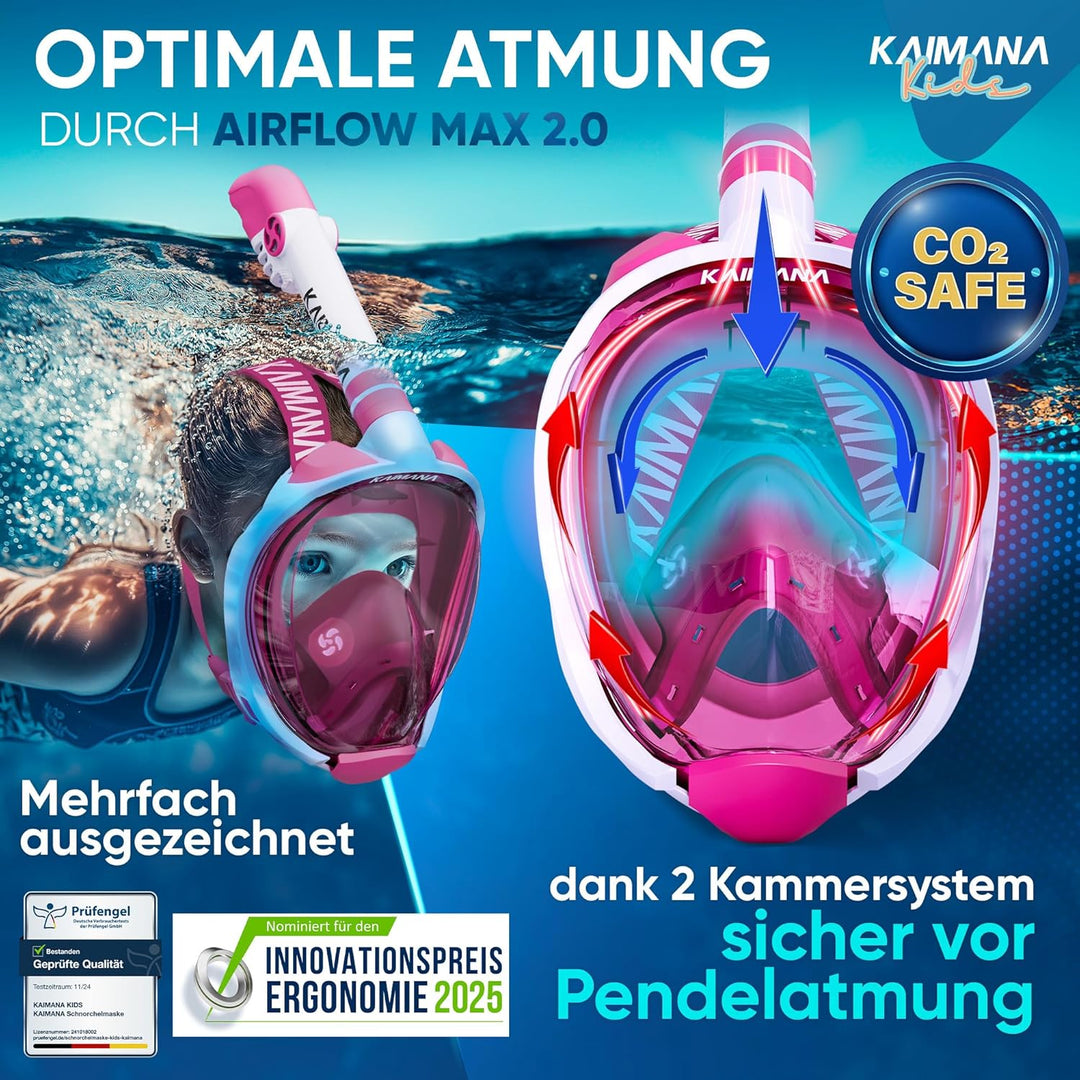 Die Preisgekrönte KAIMANA® Schnorchelmaske für Erwachsene & Kinder - absolut CO2 sicher - inkl. Trag