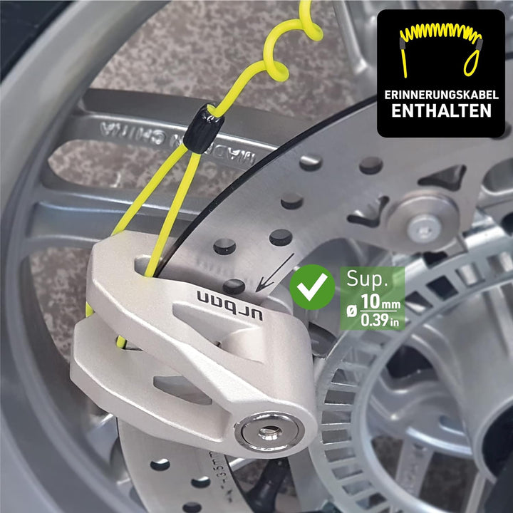 URBAN UR208T Bremsscheibenschloss Motorrad mit Erinnerungskabel, Leichtes Design, 10 mm Sicherungsst