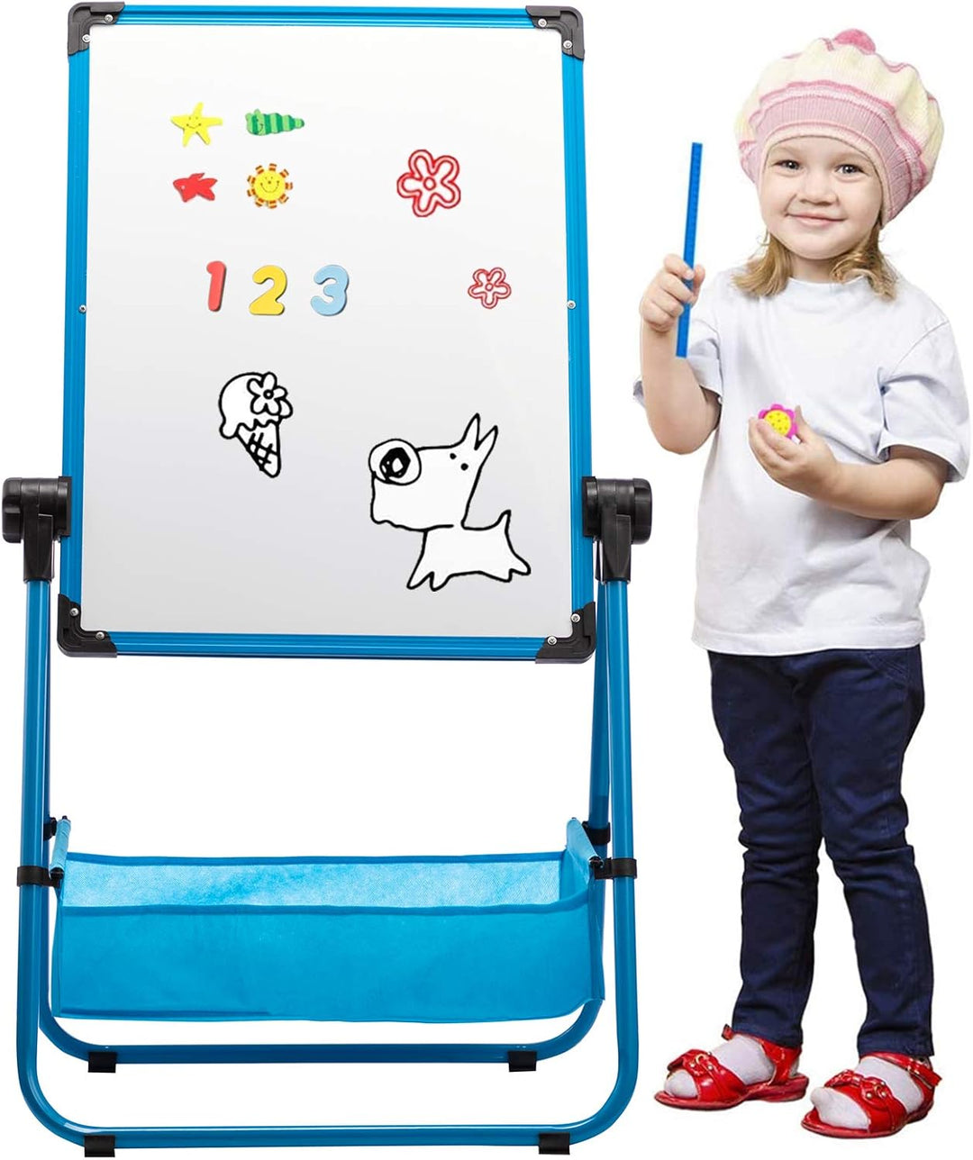 DOEWORKS Kinder Whiteboard Doppelseitiges Staffelei Kinder Whiteboard & Kreidetafel, Magnetische Whi