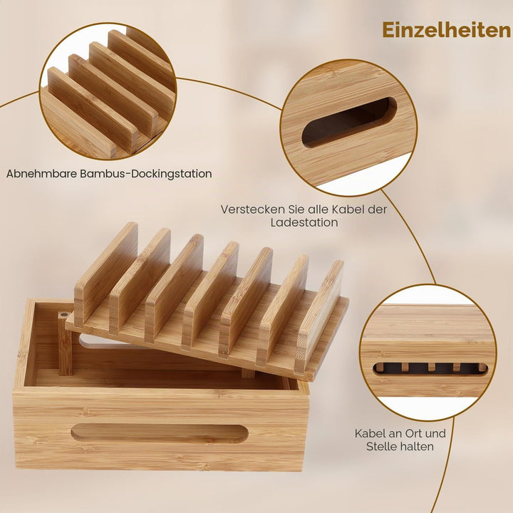 Holz Ladestation für Mehrere Geräte, 6 Fächer Desktop Handy Docking Holder USB Multi Charger Organiz