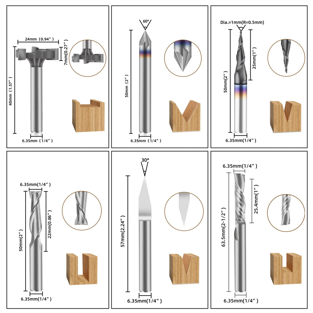 FoxAlien 1/4 Zoll Schaft CNC Fräser Bit Essential Kit, 1/4 Zoll ER11 Spannzange, V-Bit, Schaftfräser