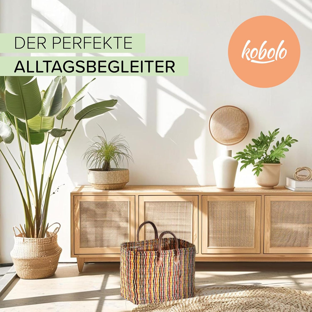 Kobolo Tasche Seegrastasche Korbtasche Strandtasche - Lederhenkel - Bunt