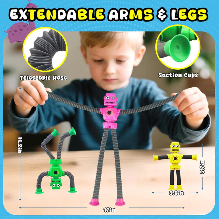 12 Stück Roboter-Saugnapf-Fidget-Poptubes - Transformierbares Teleskopspielzeug für Reisen, Sinnespi