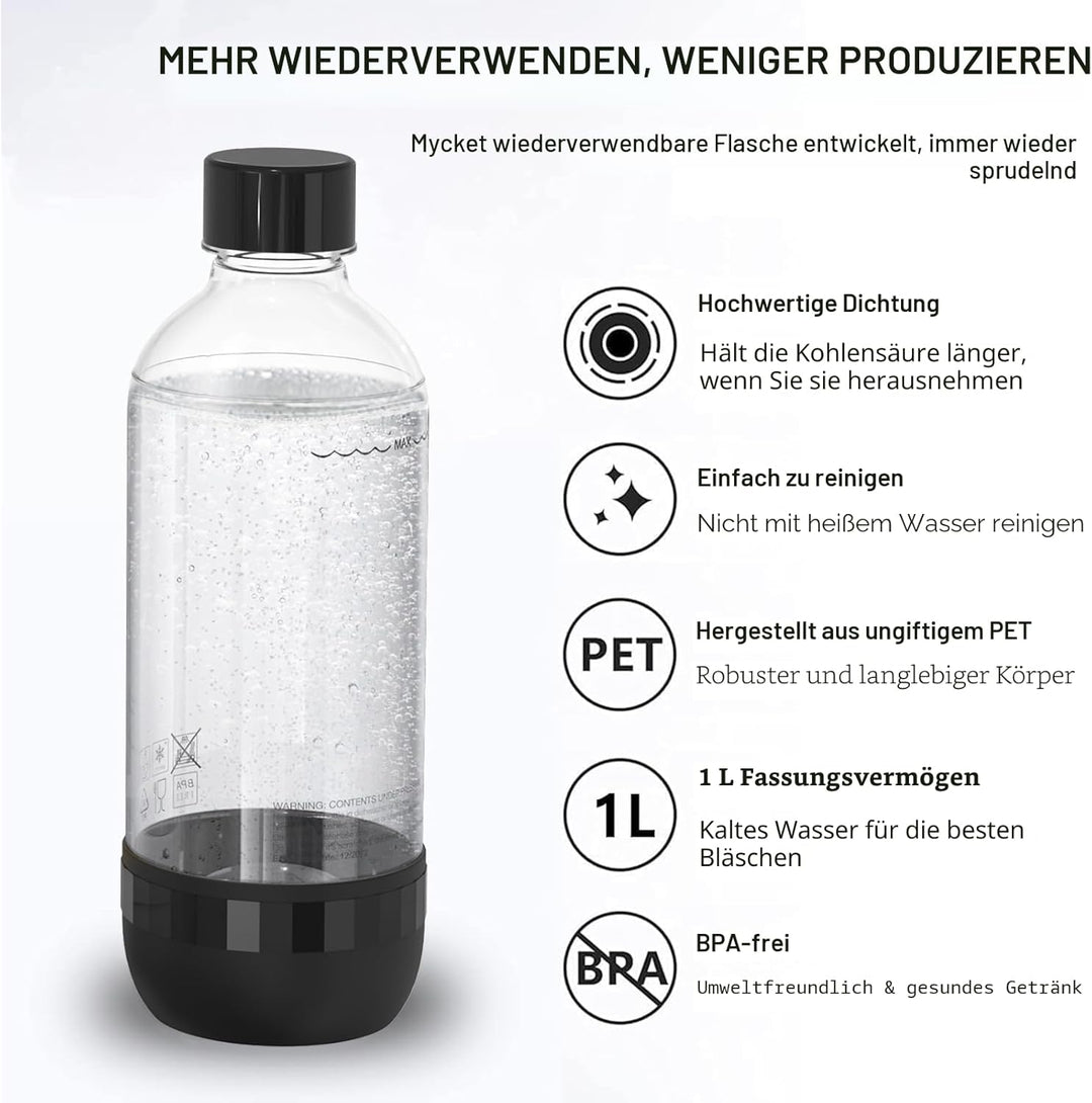 Mycket Soda Maker Flaschen, 2 x 1L Carbonating Bottles, BPA-frei Kohlensäureflaschen, Wiederverwendb