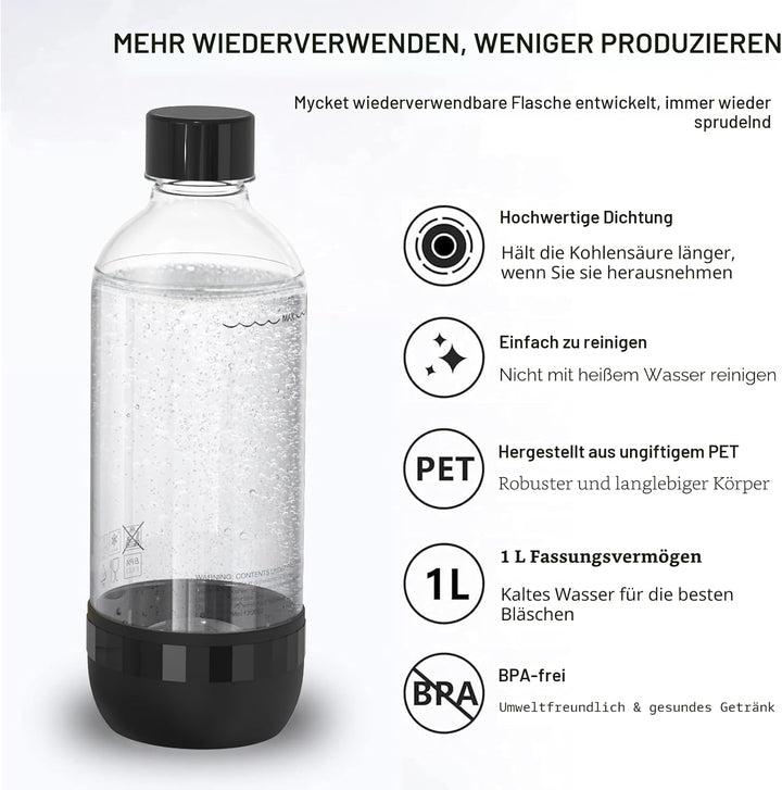 Mycket Soda Maker Flaschen, 2 x 1L Carbonating Bottles, BPA-frei Kohlensäureflaschen, Wiederverwendb