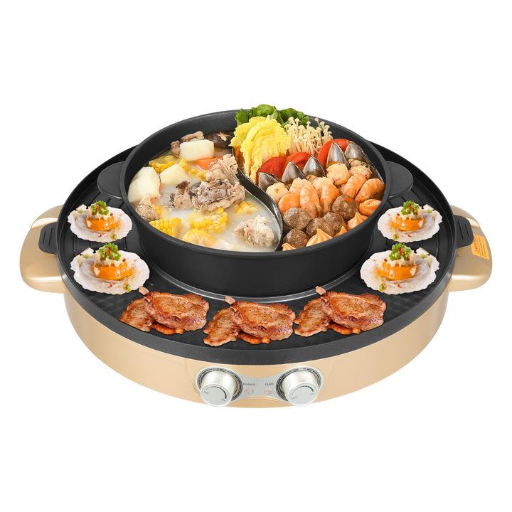 Elektrischer Doppel BBQ und Hotpot Grill, 2200W Leistung, 29cm Antihaft‑Topf mit abnehmbarer Basis,