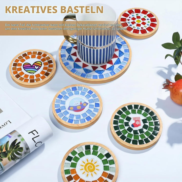 12 Stück Kerzenhalter Holz,Round Holzuntersetzer Mosaik Untersetzer Bastelset Bambus Untersetzers 9,
