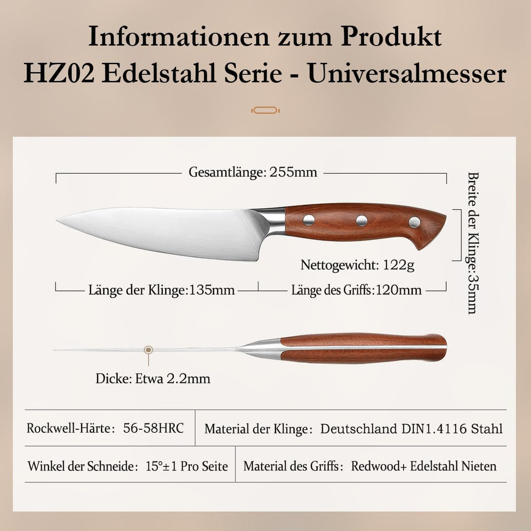 HEZHEN German Stahl Universal Messer, Allzweckmesser Rostfreier Stahl mit Hartstahl, Rasiermessersch