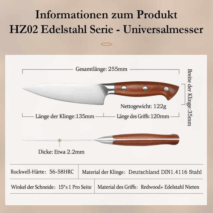HEZHEN German Stahl Universal Messer, Allzweckmesser Rostfreier Stahl mit Hartstahl, Rasiermessersch