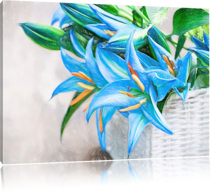 Pixxprint schöne Blaue Blumen im Körbchen Kunst Buntstift Effekt, Format: 100x70 auf Leinwand, 100x7
