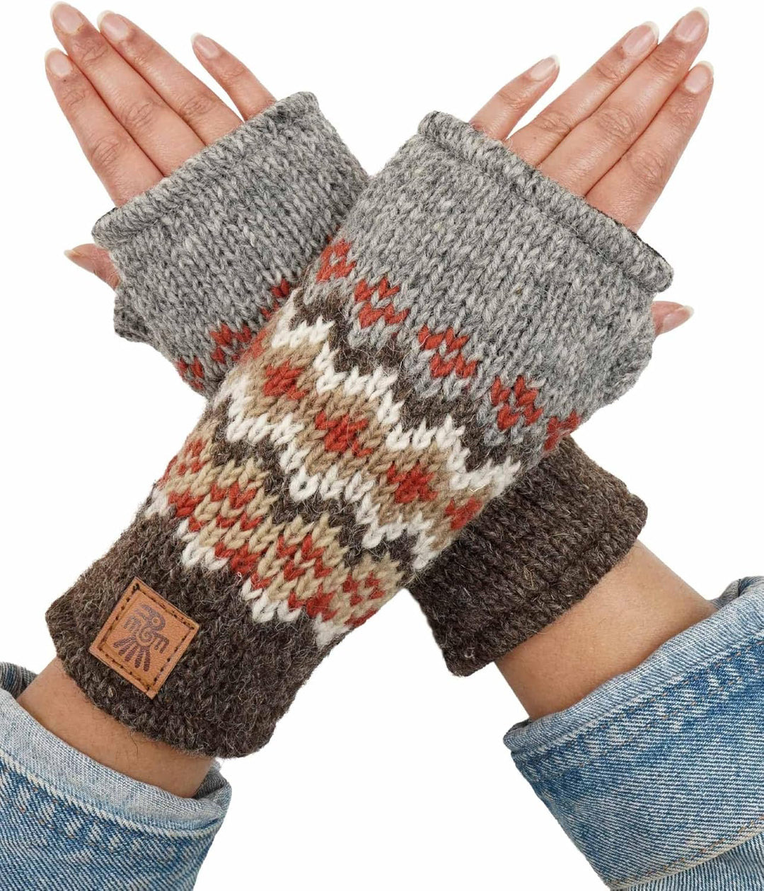Damen Wolle Handwärmer Fleece gefüttert Handgestrickt Fair Isle Mehrfarbig Einheitsgrösse Handarbeit