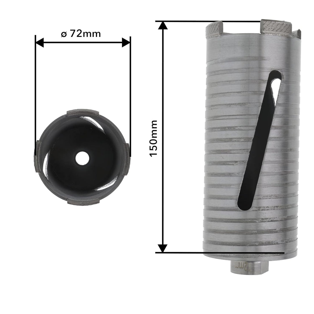 PRODIAMANT Diamant Bohrkrone ø 72mm Nutzlänge 150mm mit 6-Kant Adapter lasergeschweisst für trocken