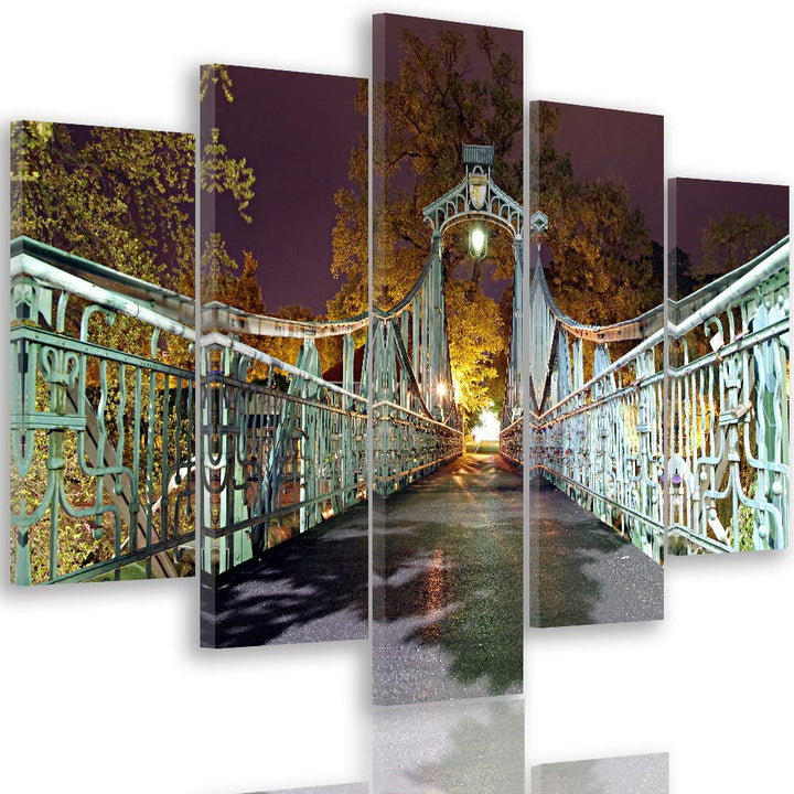 Feeby Wanddeko XXL Brücke Leinwandbild 5 Teilig Architektur Abend Lichter grün 100x70 cm Leinwandbil