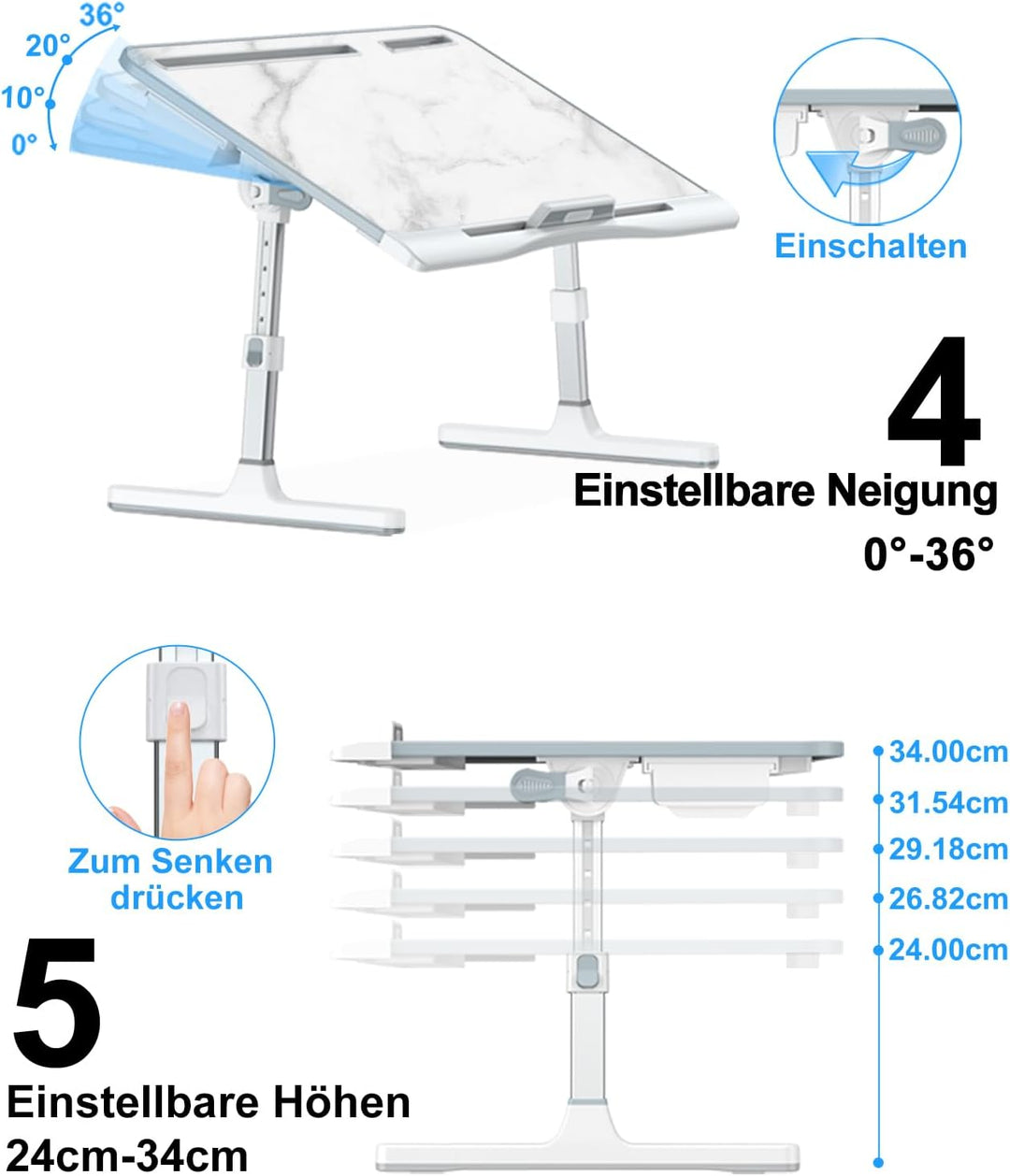Betttisch, Potuopy verstellbare Höhe Winkel X-Large Laptoptisch, Faltbare Laptop Tisch für Bett für