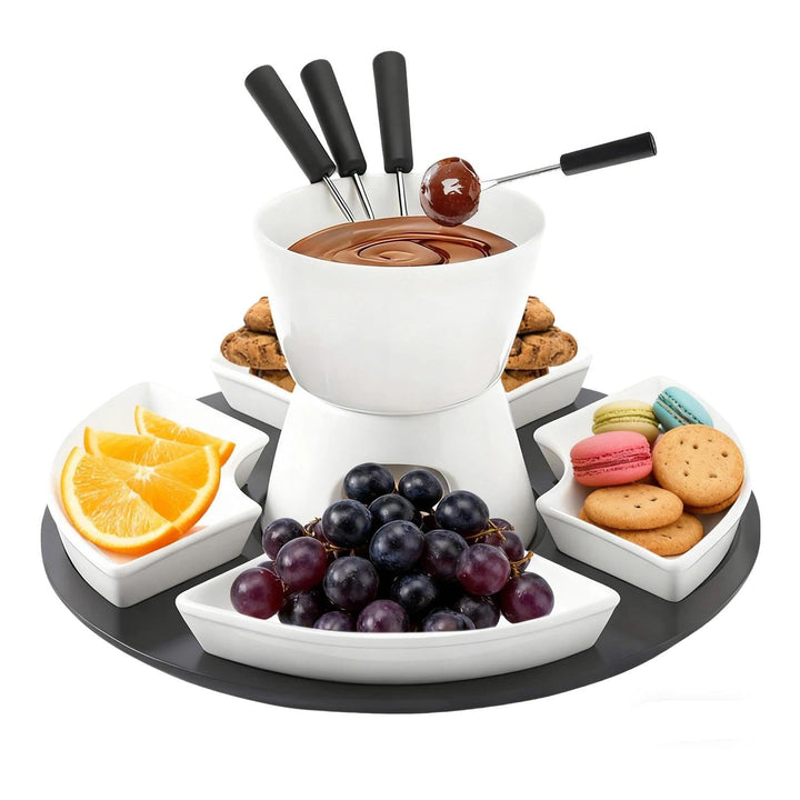Keramik Schokofondue Set, 300ML Schokoladenfondue mit 4 Keramiktellern und 4 Gabeln, für Käse Fondue