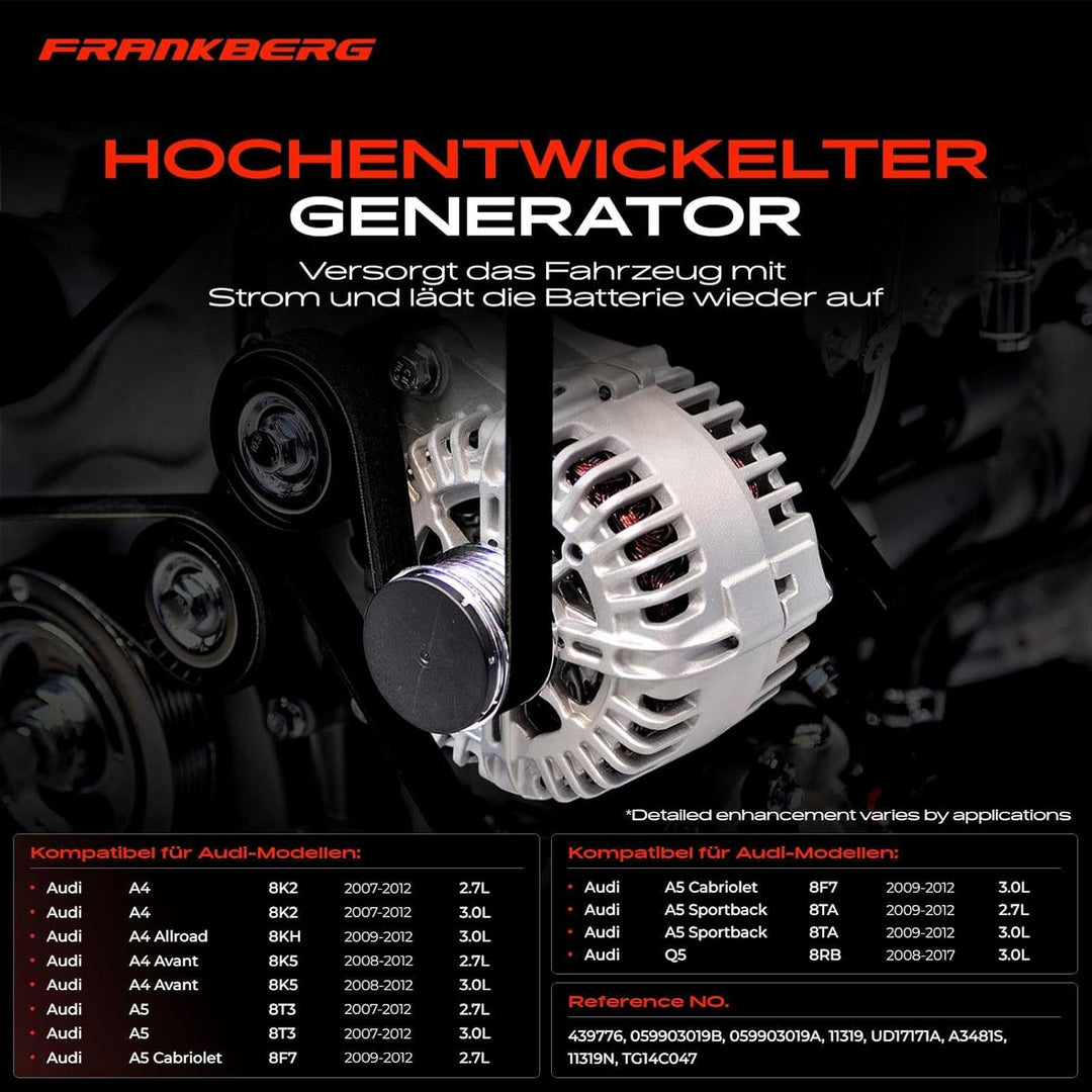 Frankberg Lichtmaschine Generator 140A Kompatibel mit A4 8K2 B8 2.7L 3.0L 2007-2012 A4 Allroad 8KH B