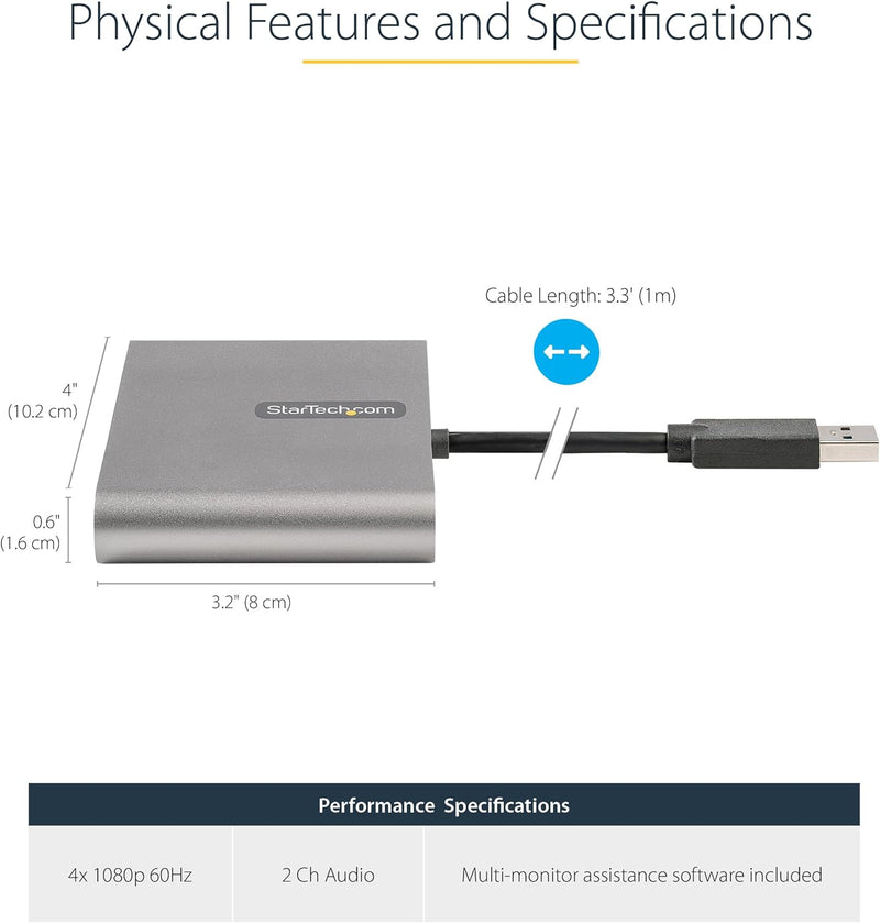 StarTech.com USB 3.0 auf 4x HDMI Adapter - Externe Video- und Grafikkarte - USB Typ-A auf Quad HDMI