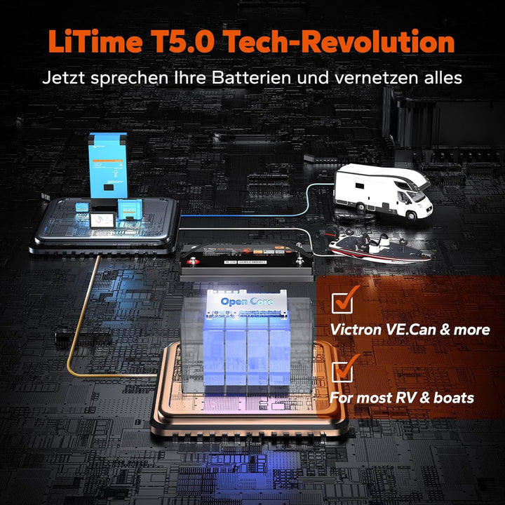 LiTime LiFePO4 12V 100Ah Lithium Batterie Bluetooth mit Victron System, CAN/RS485 Kommunikation, 100