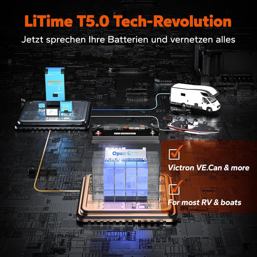 LiTime LiFePO4 12V 100Ah Lithium Batterie Bluetooth mit Victron System, CAN/RS485 Kommunikation, 100