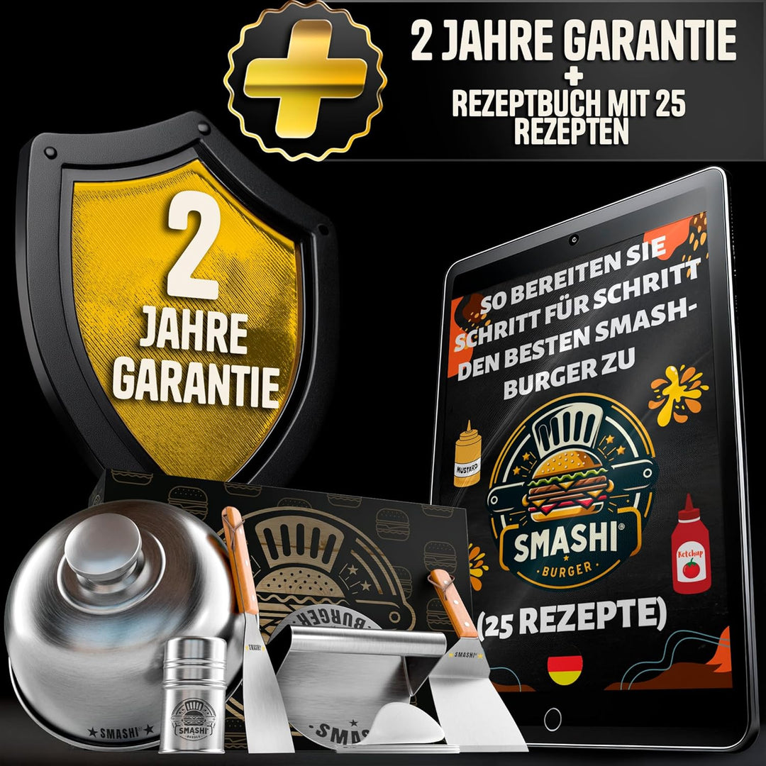 SMASHI® Smash Burger Set mit Holzgriffen – Grillzubehör aus Edelstahl 304 Burgerpresse, Spachteln &
