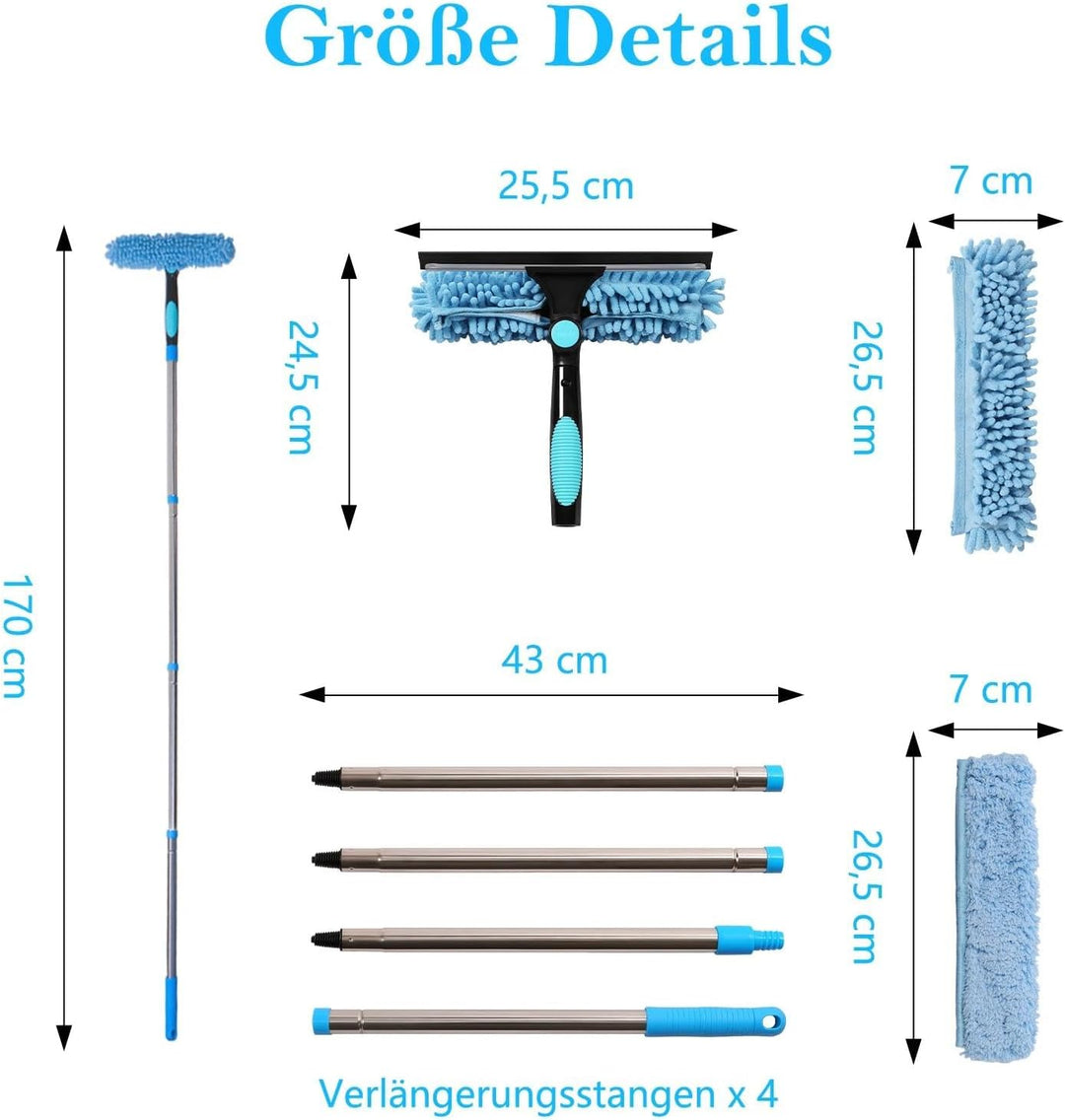 Terafeels 170cm Teleskop Fensterwischer Abzieher Set, 2 in 1 Teleskopstange Fensterreinigung ür Inne