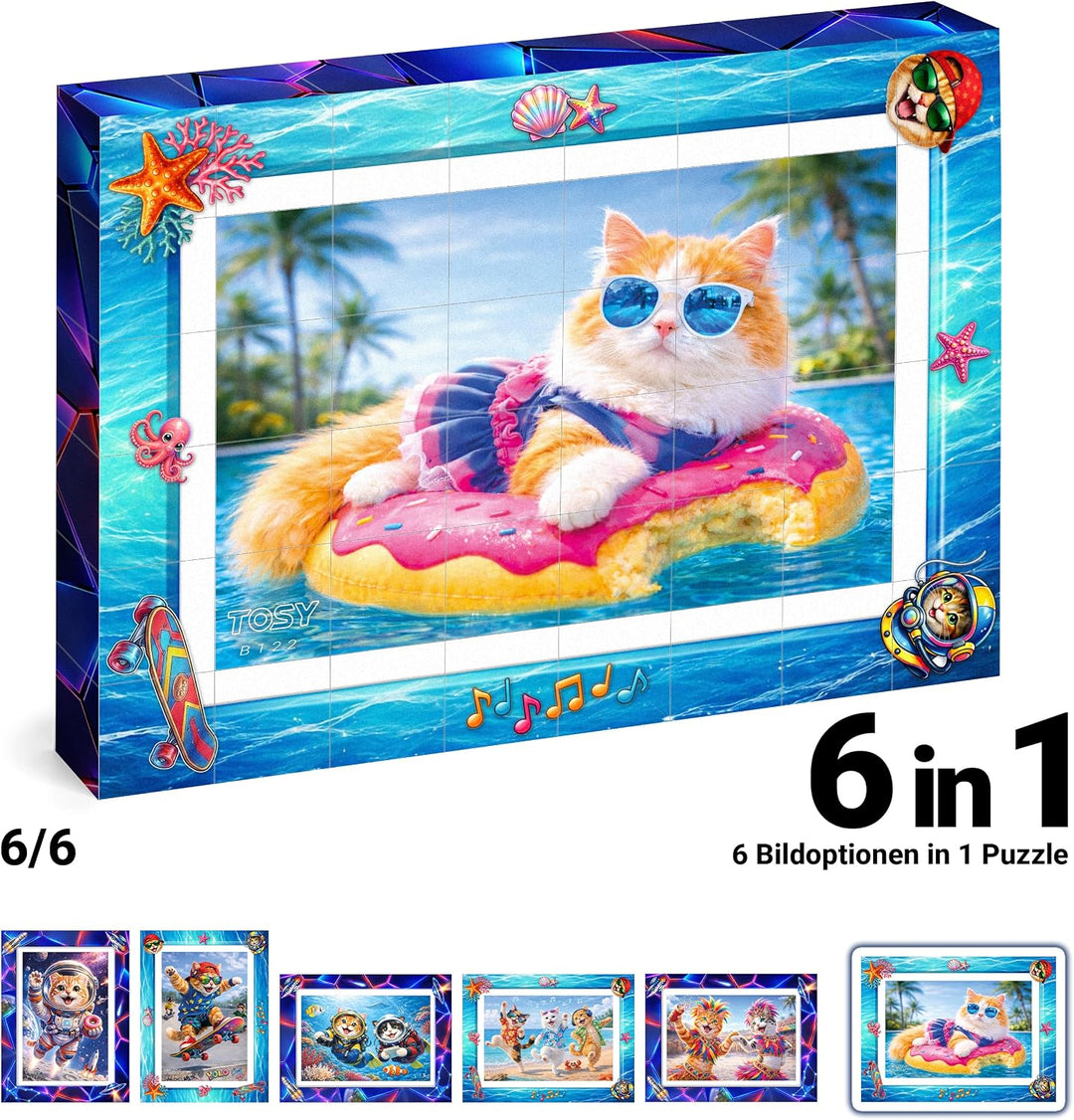 TOSY Picture Cube Adventure Cats: 6-in-1 magnetisches Bilderpuzzle, 48 Blöcke, 288 Flächen/Magnete,