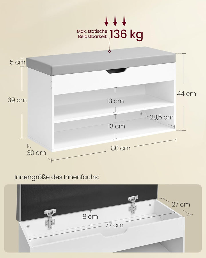 VASAGLE Schuhbank, Sitzbank, Schuhregal mit gepolstertem Kissen, Schuhorganizer mit 3 Ebenen, 30 x 8