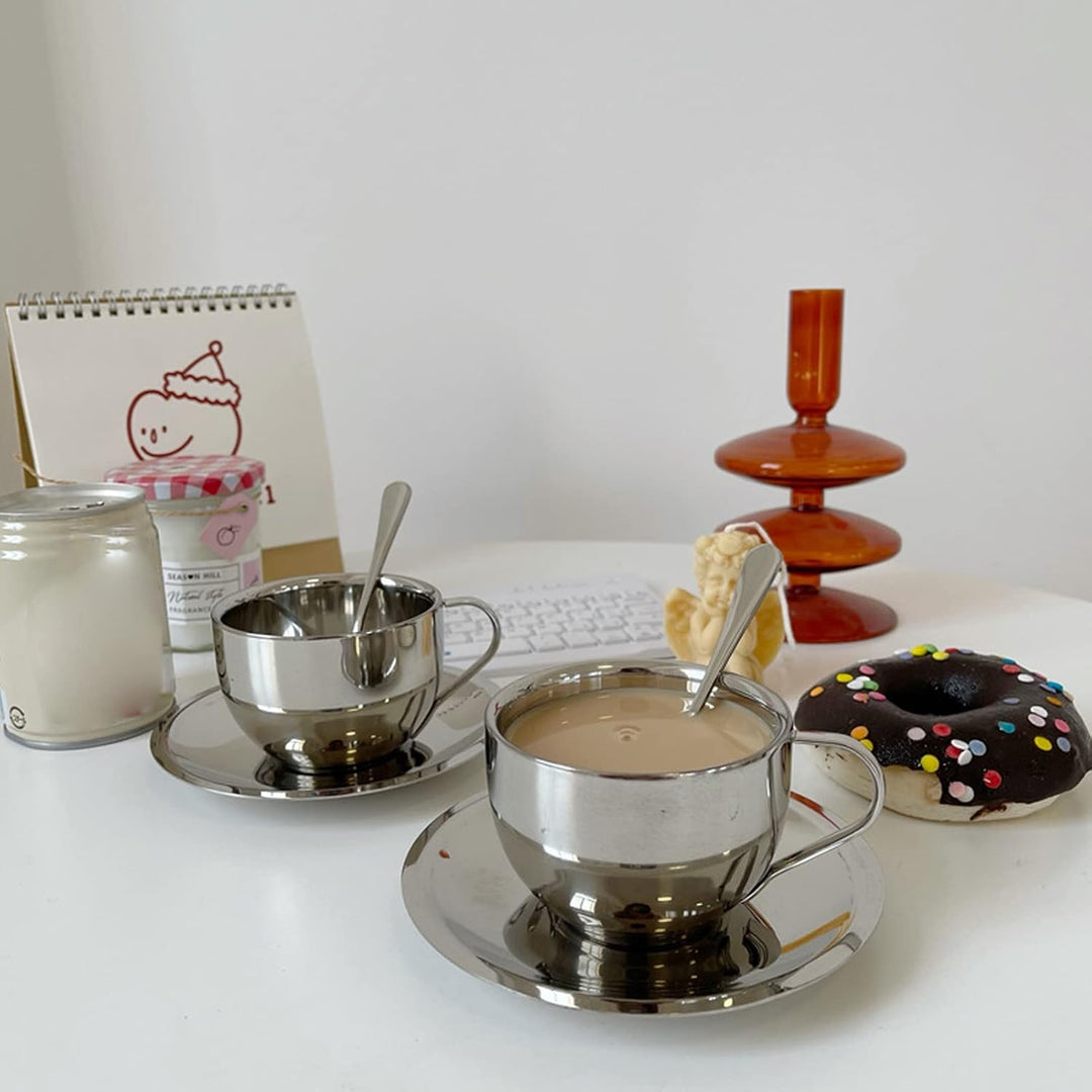 4 Stück Edelstahl Kaffeetassen Set 180ml Doppelwandig Kaffeetassen Metall Espresso Tasse Espressotas