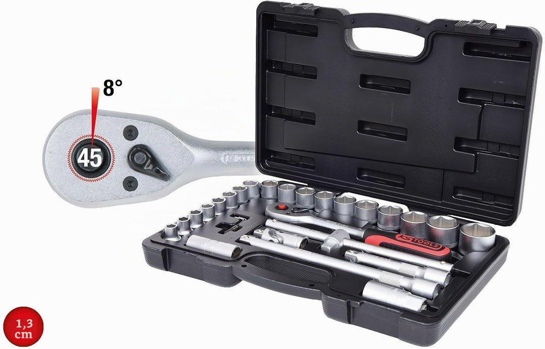 KS Tools 917.0728 1/2 Zoll Steckschlüssel-Satz | inklusive Umschaltknarre, 45-Zahn | matt satiniert