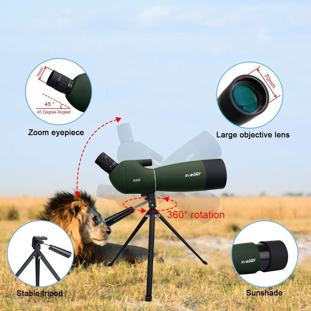 SVBONY SV28 Spektiv mit Stativ, abgewinkelt, 25–75 x 70 mm, Spotter mit Handy-Adapter, wasserdicht,